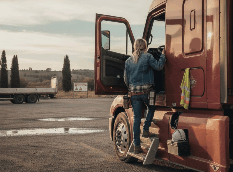 Una camionista sale sul suo mezo