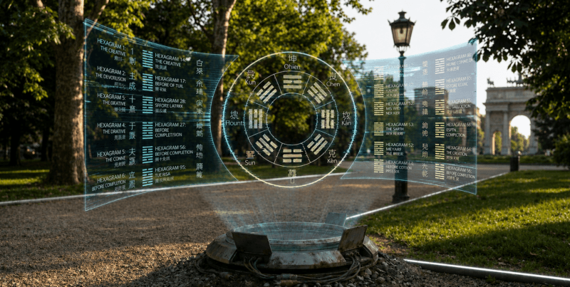 Work Runner, 20249: un ologramma ingiallito de i Ching in un parco del futuro