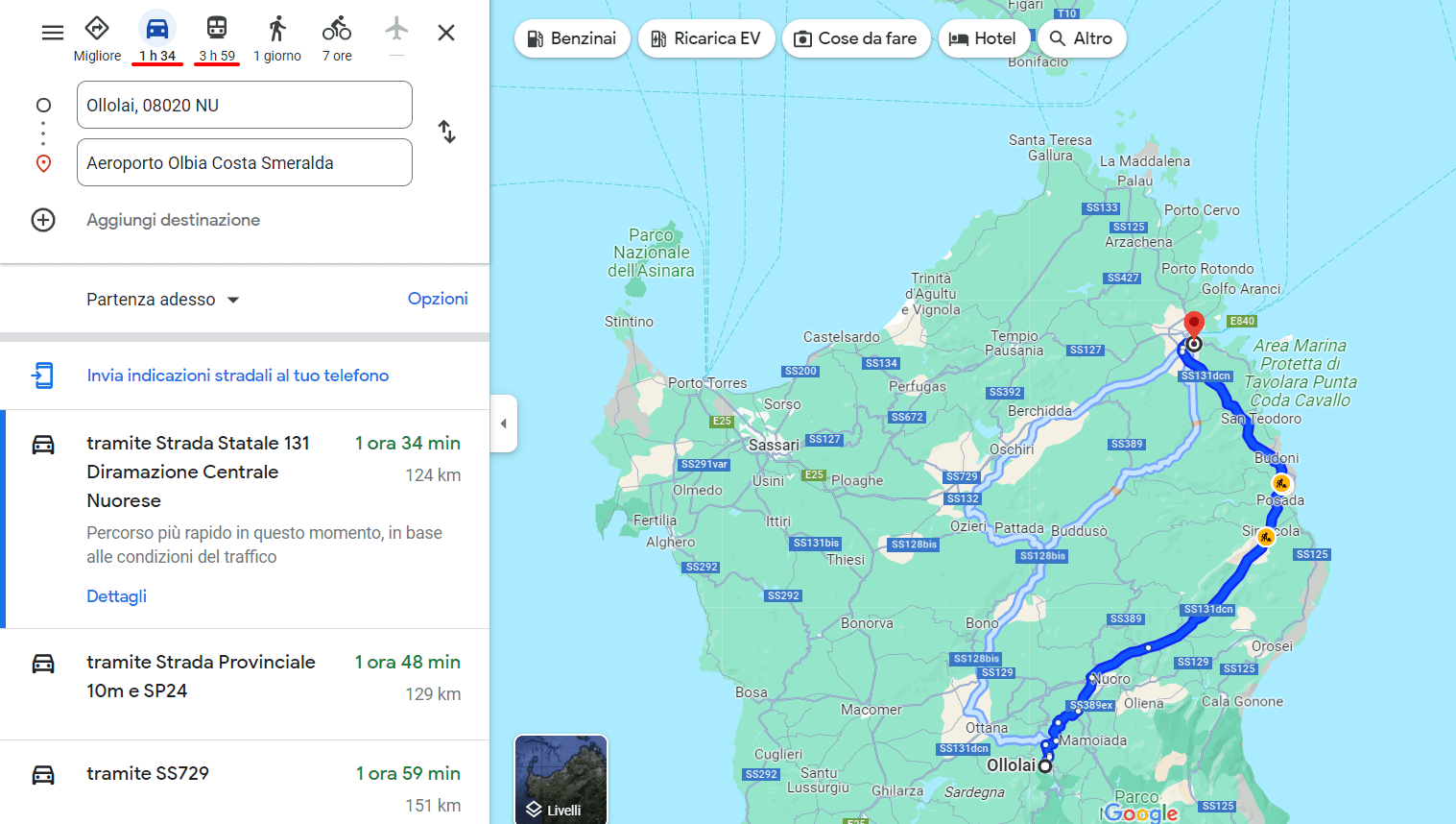 Una schermata di Google Maps che mostra il lungo percorso da Ollolai all'aeroporto più vicino