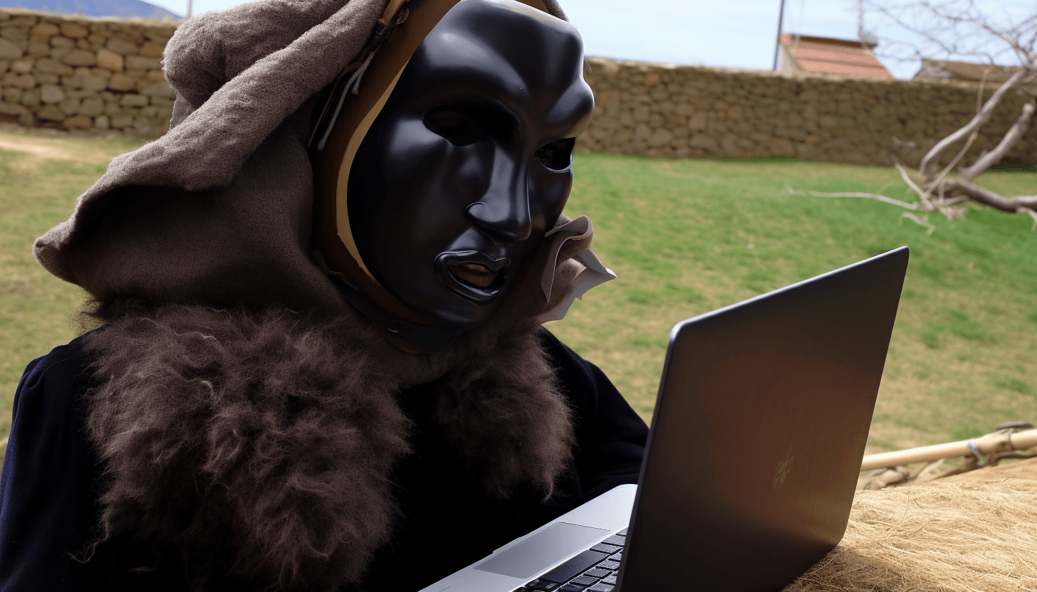 Smart working a Ollolai: un mamuthones che fissa un pc portatile nella campagna sarda