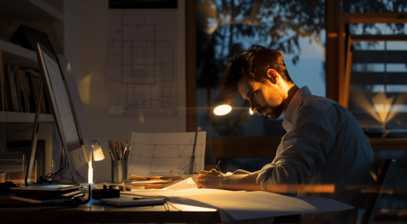 Sfruttamento degli architetti: un giovane professionista lavora fino a tardi in uno studio
