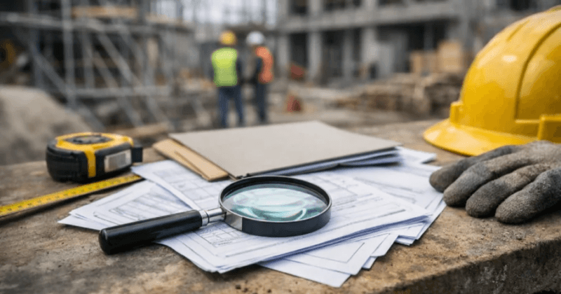 Ispettori del lavoro privati: una lente di ingrandimento vicino a un caschetto e a strumenti da cantiere