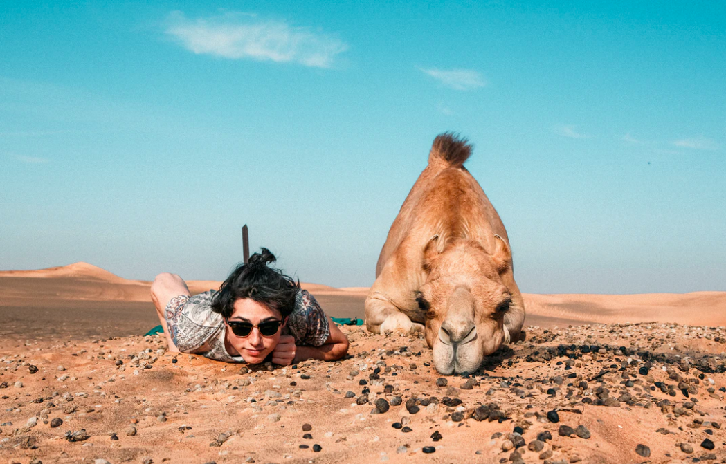 Una donna e un cammello sdraiati pancia a terra.