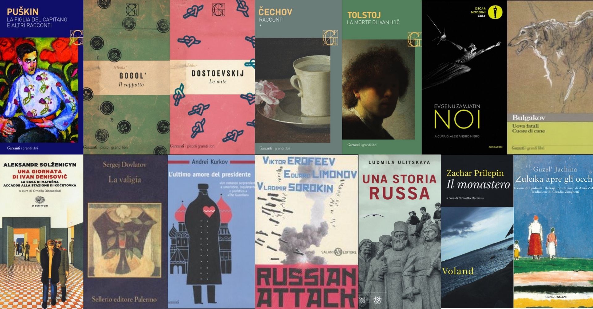 Letteratura e cultura russa: un collage di copertine di romanzi.