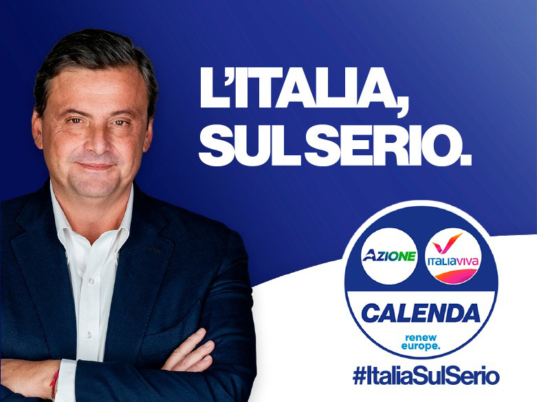 Il lavoro secondo il Terzo Polo: il manifesto elettorale di Azione e Italia Viva, con Carlo Calenda in primo piano.